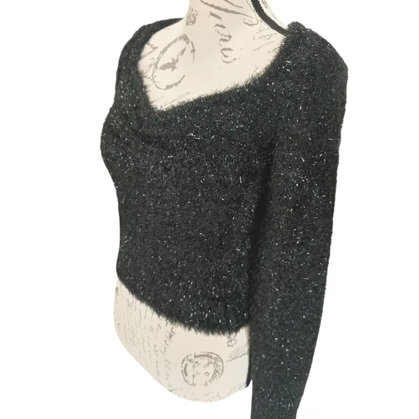 C&V Chelsea Violet NWT Black Sparkle Fuzzy Knit Long Sleeve Cropped Sweater S‎ - Image 4