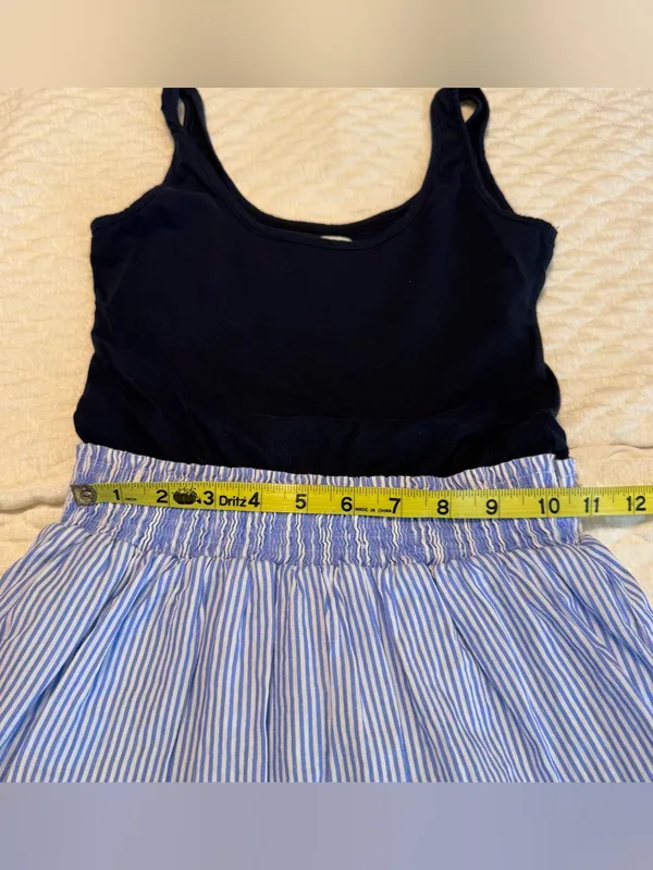 Y2K Abercrombie & Fitch Mini Babydoll Dress Smocked Waist Sz Small Navy Stripes - Image 8