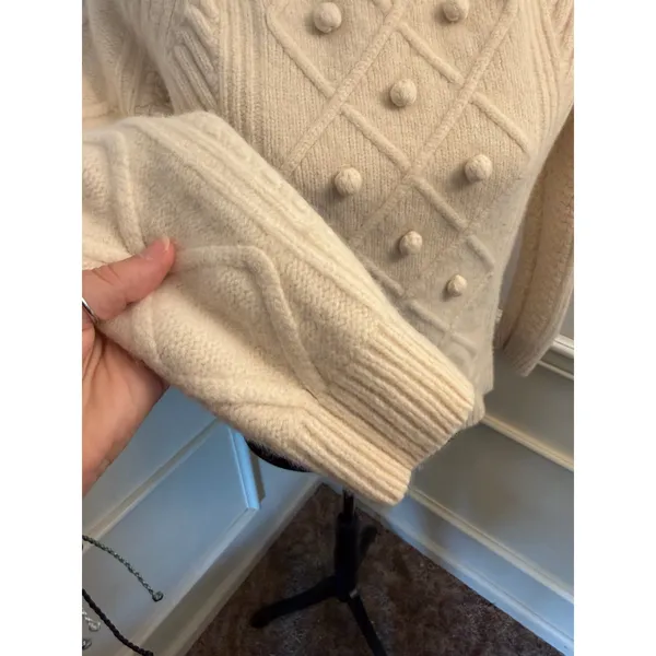 J.Crew 100% Wool Chunky Diamond Cable Knit Pom-Pom Cropped Sweater Ivory Cottage - Image 2