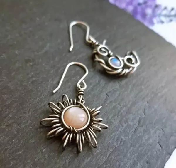 Boho Opal Sun and Moon Drop Dangle Earrings Moonstone - Image 3