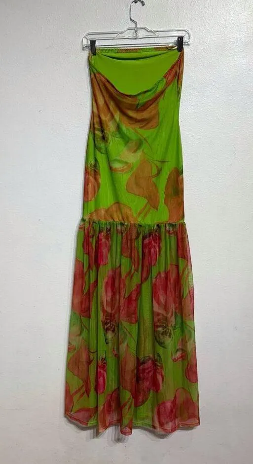 Green Floral Strapless Backless Sheer Mesh Side Slit Maxi Dress Sz S - Image 9