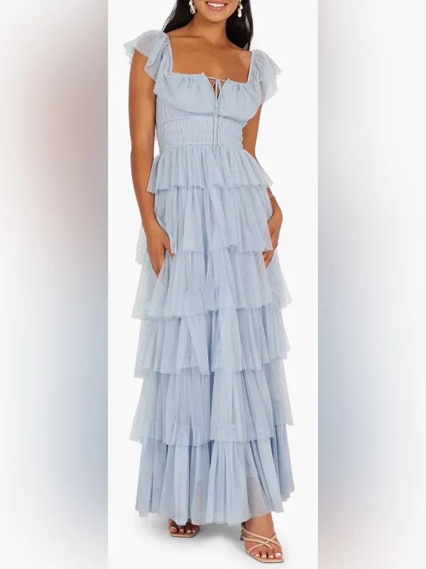 NEW Petal & Pup Belle Swiss Dot Tulle Tiered Maxi Blue Dress sz M - Image 2