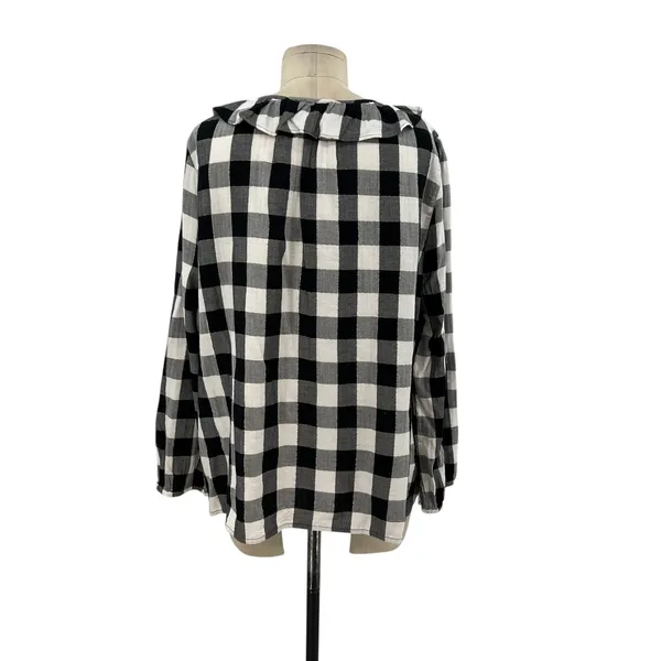 J. Crew Open Ruffle V-neck Button-up Shirt Gingham Plaid Check Black White‎ XL - Image 7