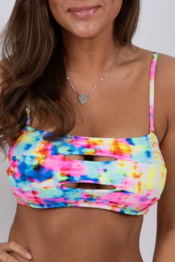 The Blushing Brunette Walking At Sunset Colorful Tie-Dye Cut Out Tie Back Bikini Top - Image 5