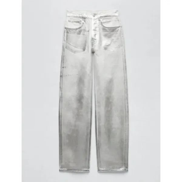ZARA Metallic Mid-Rise Boyfriend‎ Jean Silver Sz 6 - Image 3