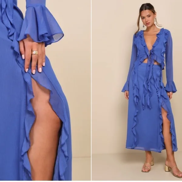 LULU's Boho Bohemian Flowy Romantic Ruffle Chiffon Blue Maxi Skirt NWT - Image 3