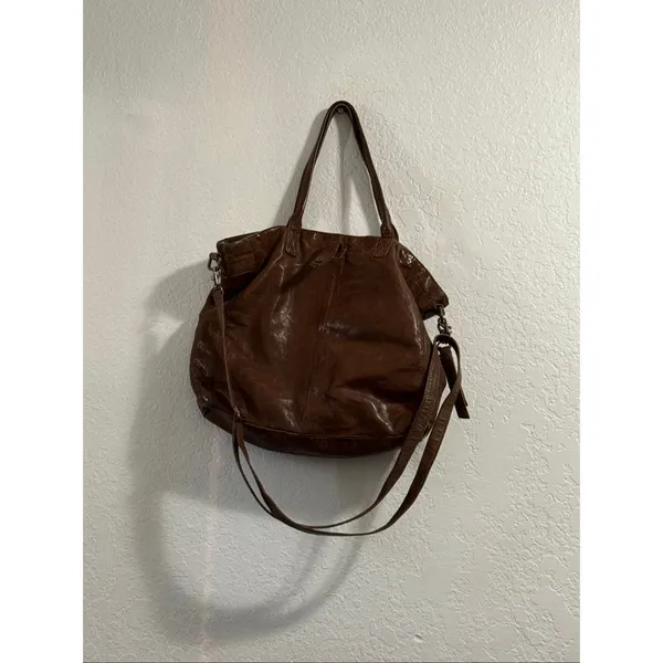 Vintage FRYE brown crinkled leather tote bag with shoulder strap 16x12 - Image 3