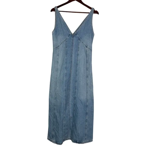 Zara Oversized Denim Seamed V Neck Sleeveless Midi Dress Side Zip Up S Blue Wash - Image 13