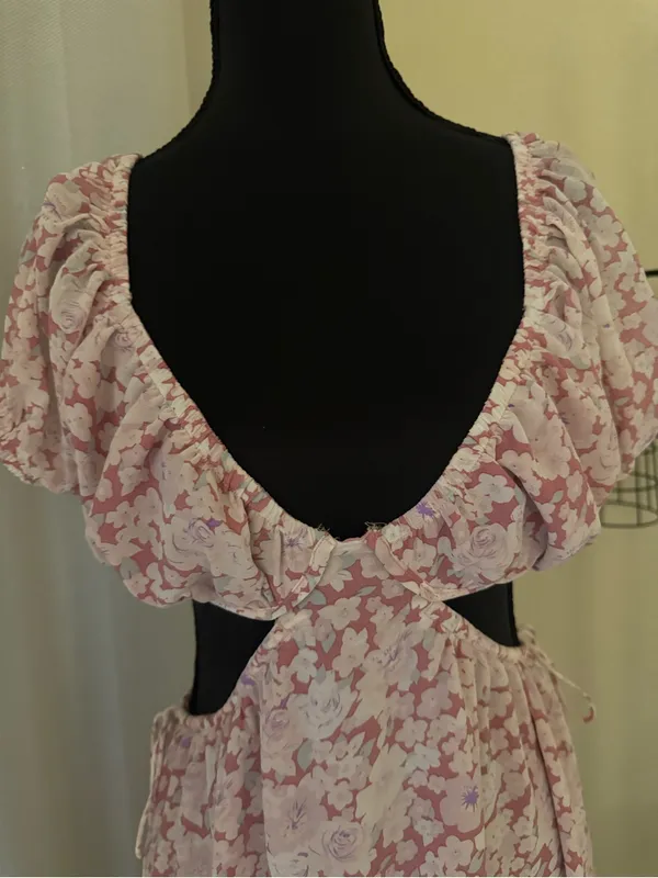 NWT Sabo Skirt Eilish Peony Floral Cut Out Mini Dress Pink Puff Sleeve S - Image 4