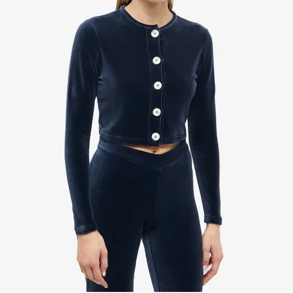 Peachy Den Celeste Velour Navy Twin Set XS $230 Cardigan + Trouser Pants - Image 2