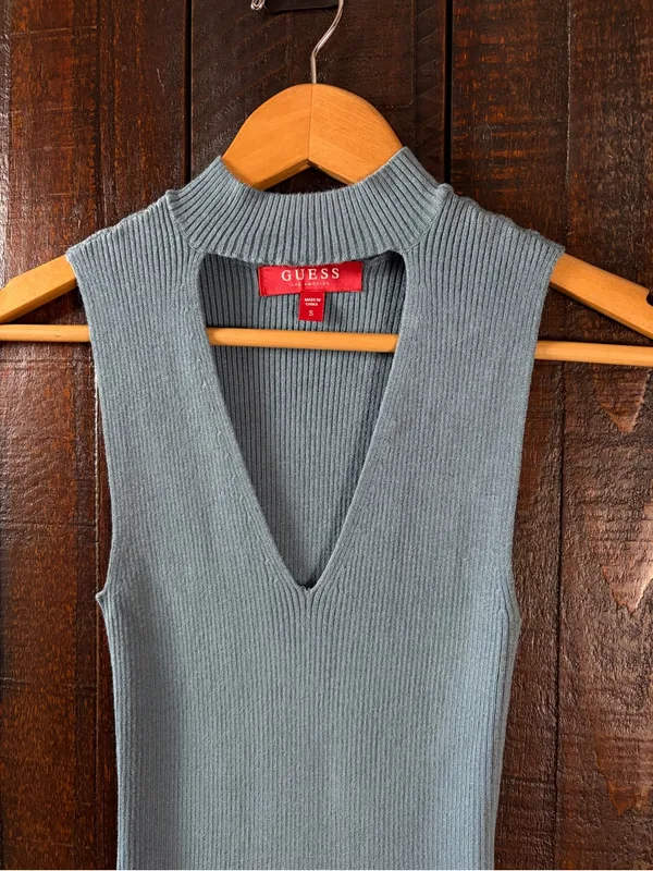 GUESS Ribbed Sleeveless V-cutout Sweater Top in Dusty Teal - Image 3