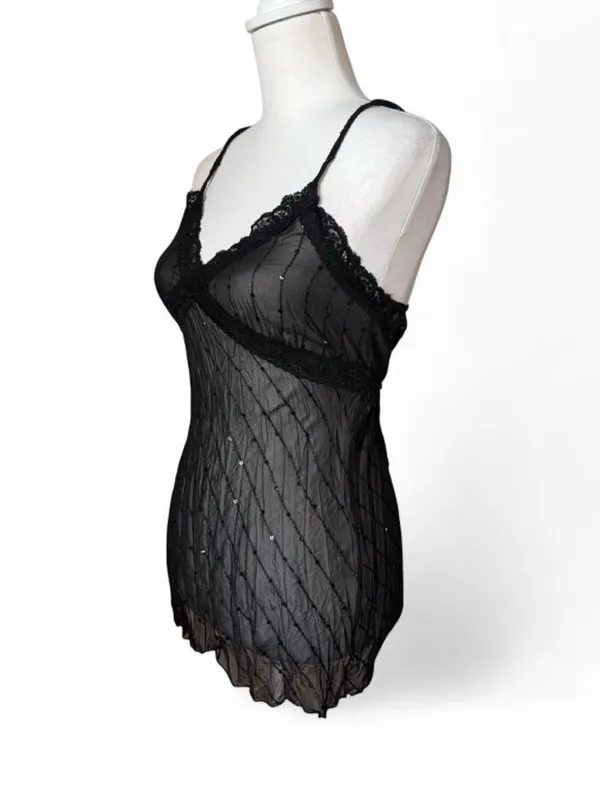 Vintage 90s Vintage Sheer Sequin Cami Black - Image 3