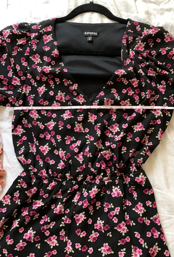 Black Floral Romper V-Neck Surplice ruffle hem, long sleeve size XS - Image 4