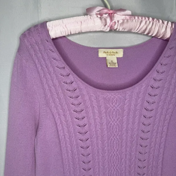 Peck & Peck 2 Ply 100%‎ Cashmere M Sweater Lilac Cable Knit Lightweight Pullover - Image 3