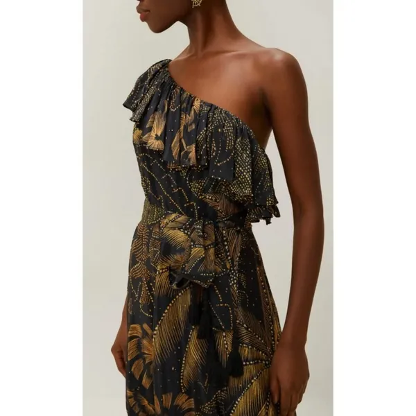 NWT Farm Rio Golden Foliage Black One Shoulder Maxi Dress Sz. XS - Image 4