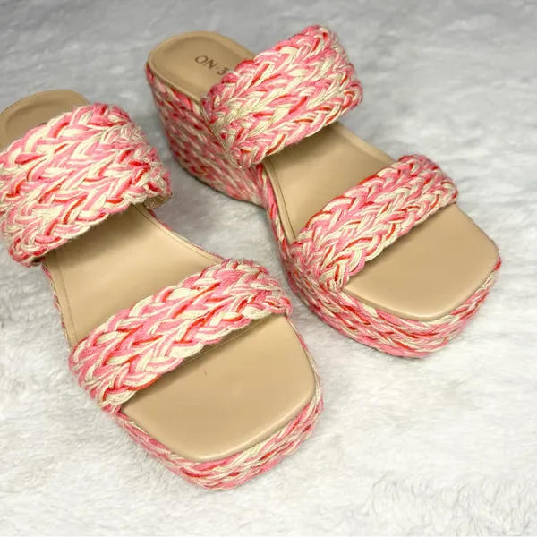 ON 34th Pink & Cream Norina Woven Platform Wedge Sandals Espadrilles Size 6 - Image 4