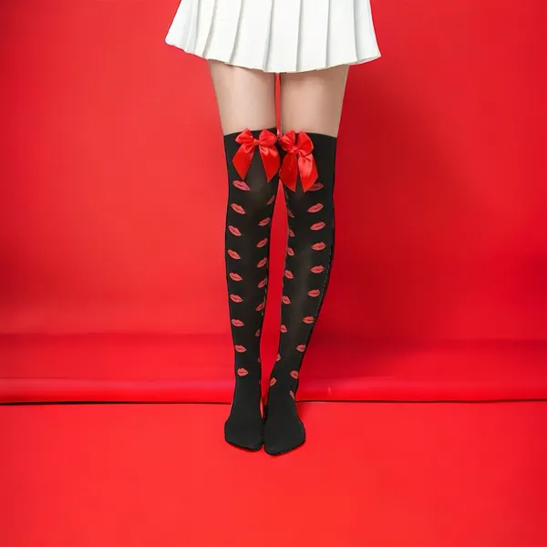 Lips Kiss Mesh Thigh High Stockings Bow Decor Valentines Day Over The Knee Socks - Image 7