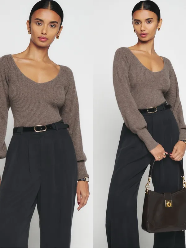 REFORMATION Hart Scoop Neck Cashmere Cocoa Ribbed Sweater Top - Image 2