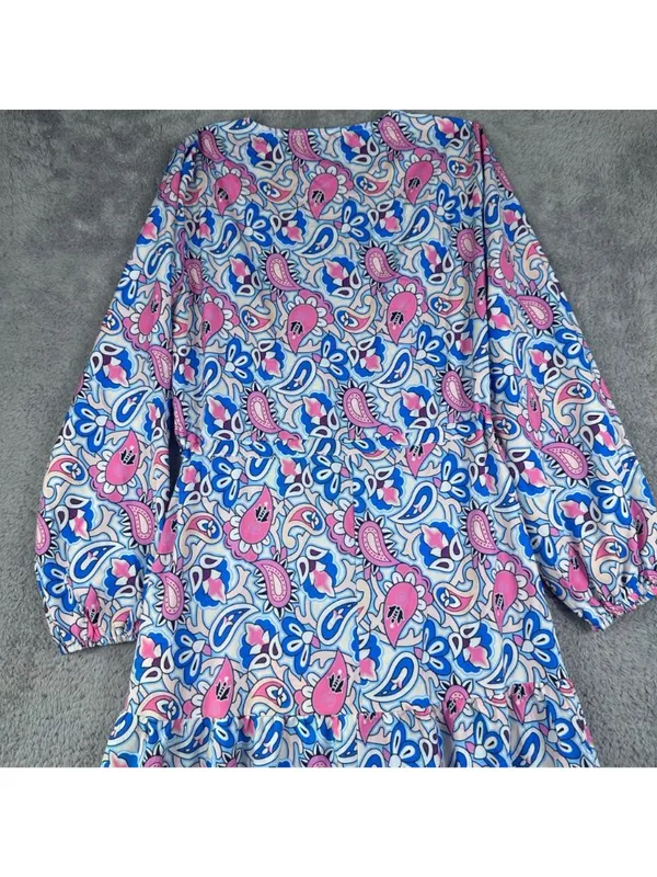 V-Neck Paisley Print Maxi Dress With Long Sleeves Pink & Blue Lightweight Fabric - Image 10