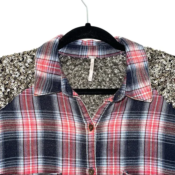 Little Bit of Sugar Red Plaid Sequin Tunic Flannel Shirt - Image 4