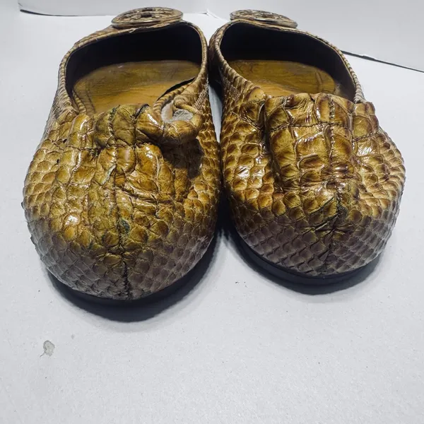 Tory Burch Reva Gold ballet flats shoes Mustard yellow snakeskin leather sz 10 - Image 5