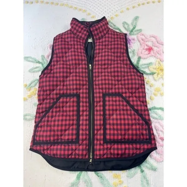 J Crew Red Black Buffalo Check Quilted Puffer Vest‎ Gilet Size S - Image 3