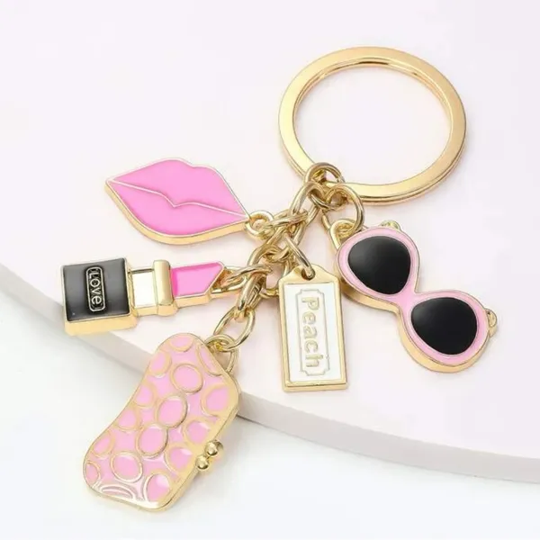 New Lipstick w/Sunglasses Fashion Keychain/Bag Charm Pink w/Gold - Image 2