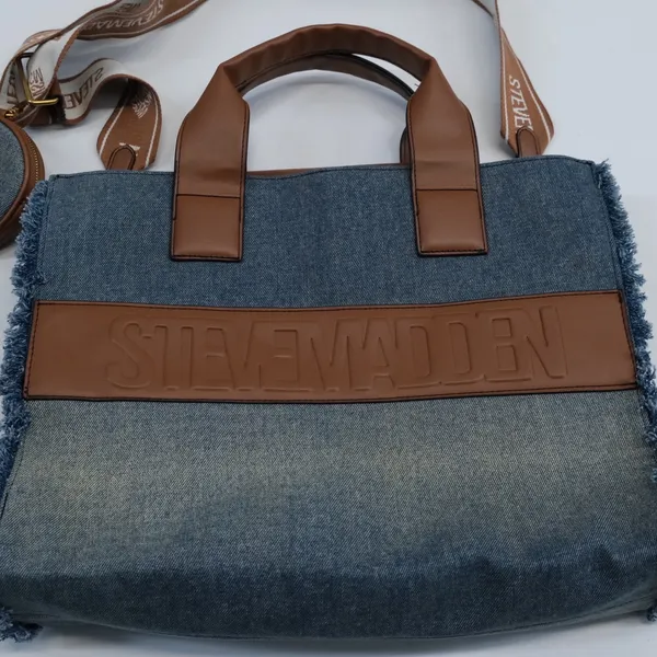 Steve Madden Tote Bag Women Blue Denim Frayed Log Large Satchel - Image 9