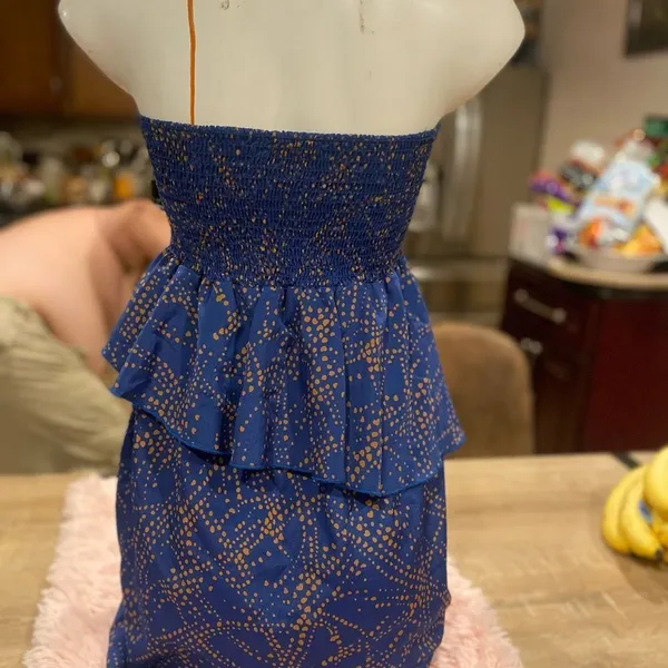Every Strapless Peplum Mini Dress Womens Size Small Blue Tan Polka Dot Smocked B - Image 2