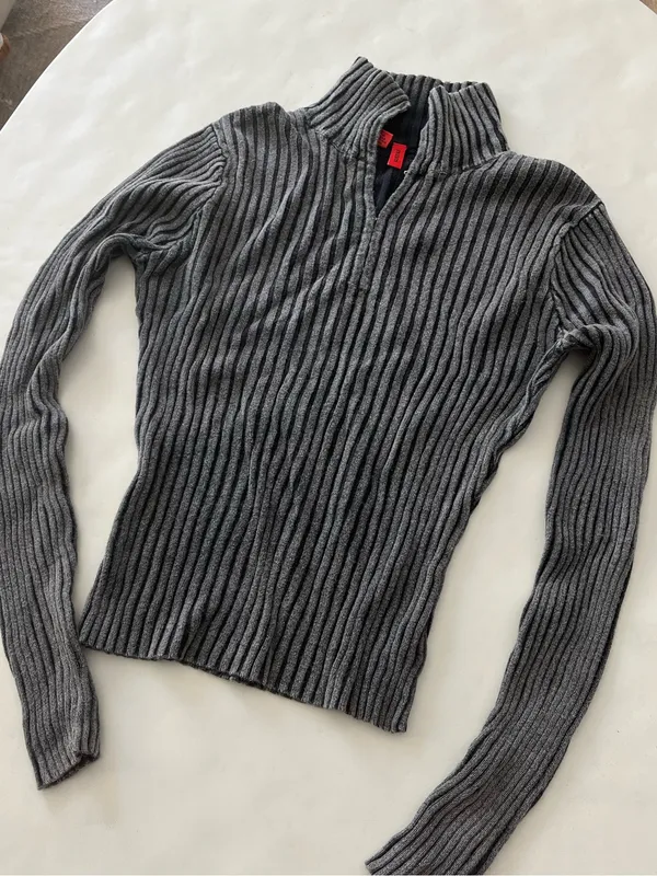 Vintage FRIENDS Monochrome Acid Wash Ribbed Mock Neck Stretchy Longsleeve Top M - Image 3