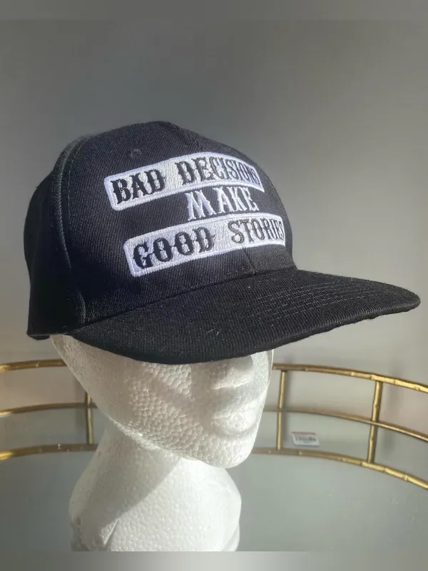 Black flat bill snap back hat funny saying Bad Decisions Make Good Stories cap - Image 2