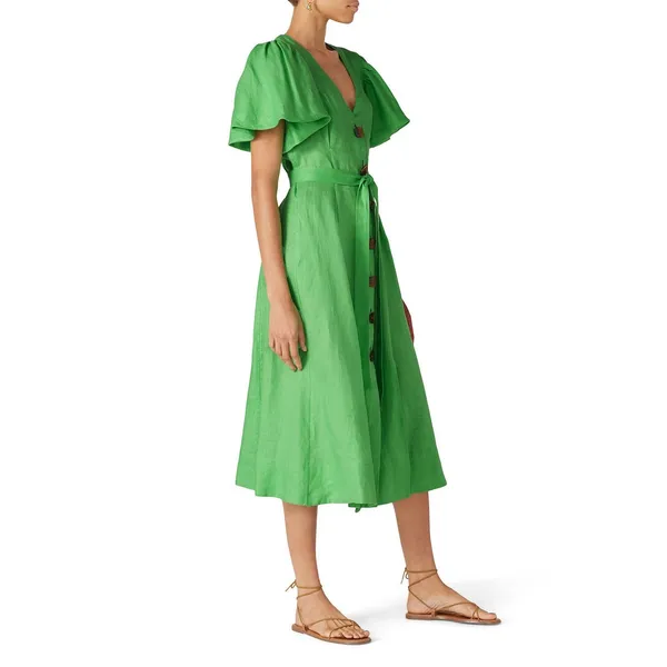 Nicholas Troy Green Linen Button Front Tie Waist Short Sleeve Dress Size 4 - Image 2