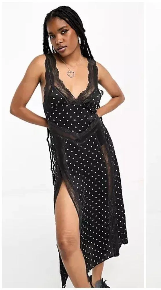 INTIMATELY FREE PEOPLE Bad For You Slip Dress ~ Black Polka Dot Print Lace L NWT - Image 7