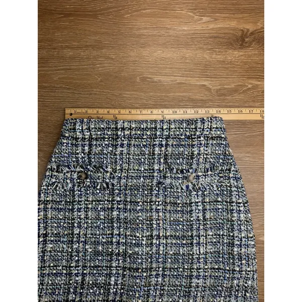Ann Taylor Tweed Skirt Women 2 Blue Green Boucle A-Line Mini Fringe Pockets - Image 6