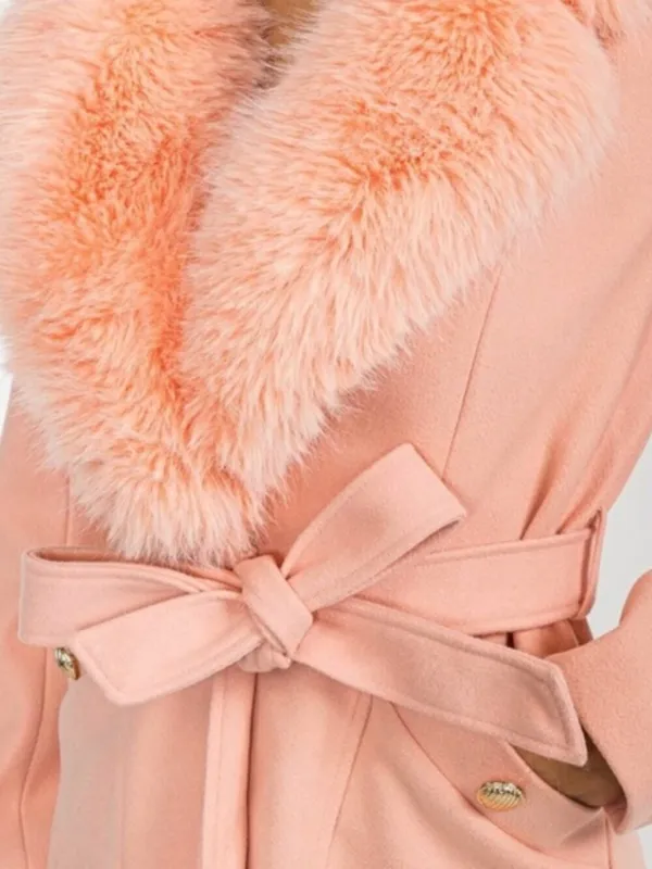 NEW - Dusty Peach Chic removable Faux Fur Collar Coat gold buttons belt pocket - Image 3