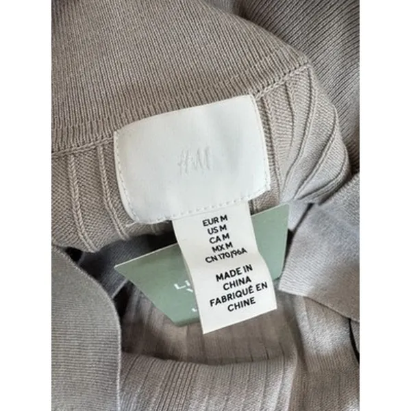 H&M NWT Rib Knit Dress Women's M Beige Tan V Neck Collared Bodycon Midi - Image 8