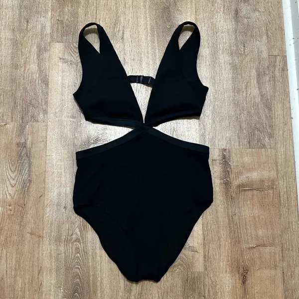 Aerie | NWT Woman's Black Real Good‎ Ribbed Cutout One Piece Swimsuit, Size L - Image 3