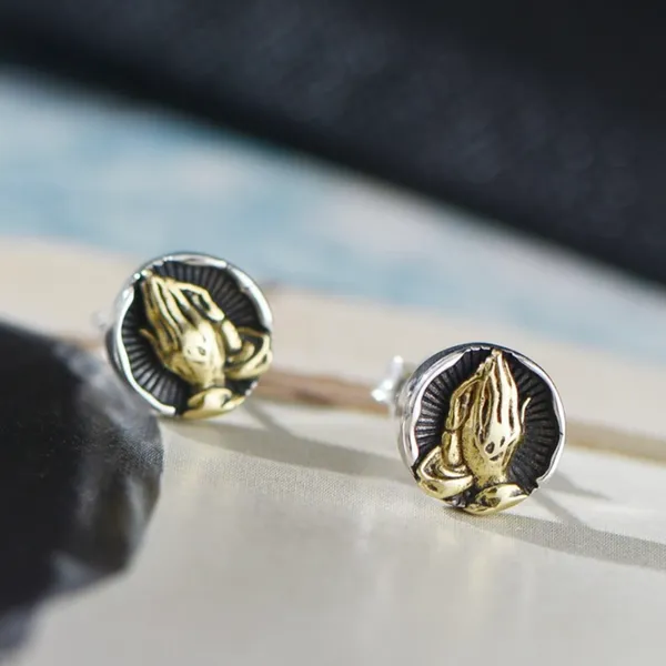 925 Silver Plated Praying Hands Stud Earrings for Men Women,Punk Hip Hop Earrings - Image 4
