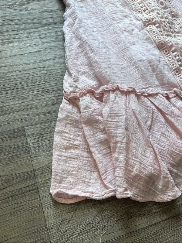 Pale Pink Eyelet Ruffle Coquette Mini Dress Femenine Cottagecore Gatherings Sz L - Image 6
