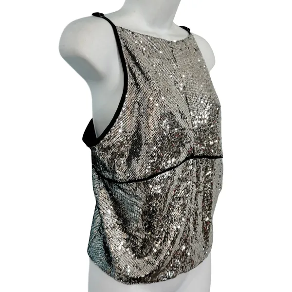 Free People James Silver Combo Black Sequin Open Back Tank Top Festival size L - Image 6