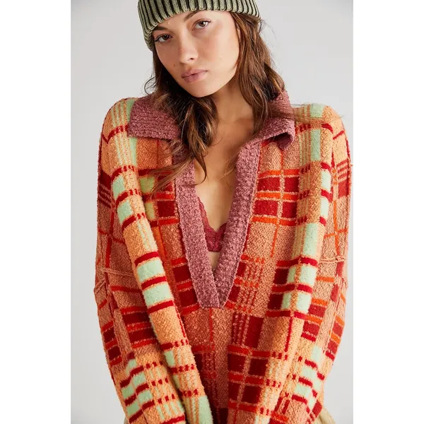 Free People Retro 70s Oversized Plaid Ruben Pullover Tunic Sweater Size Medium - Image 2