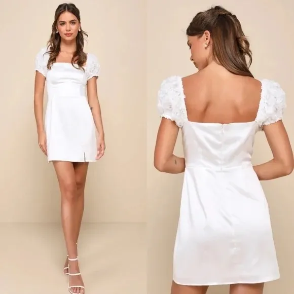 Lulus Precious Enchantment White Satin Floral Puff Sleeve Mini Dress‎ Size S - Image 2