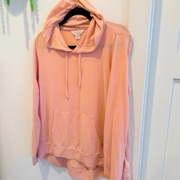 Weatherproof Vintage Women's Pastel Orange Gingham Lightweight Hoodie Size Large - Image 3