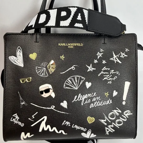 Karl Lagerfeld Paris Black Leather Graffiti Tote Bag‎ Crossbody Strap - Image 4