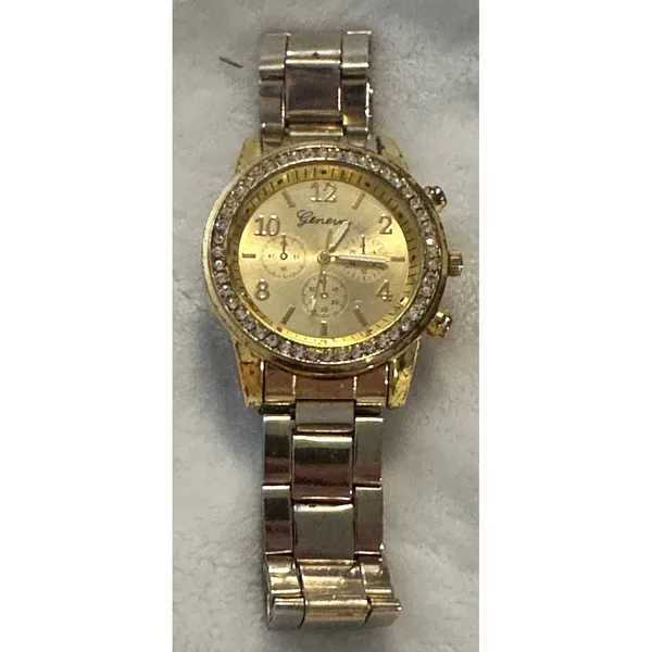 Geneva Gold Tone Rhinestone Bezel Faux‎ Chrono Quartz Analog Women's Wrist Watch - Image 3