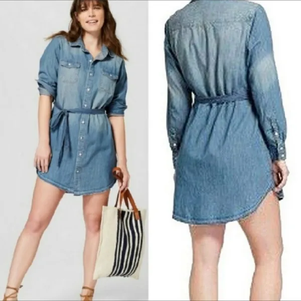 Universal Threads Blue Faded Button Down Raw Hem Belted Denim Casual Dress Small - Image 2