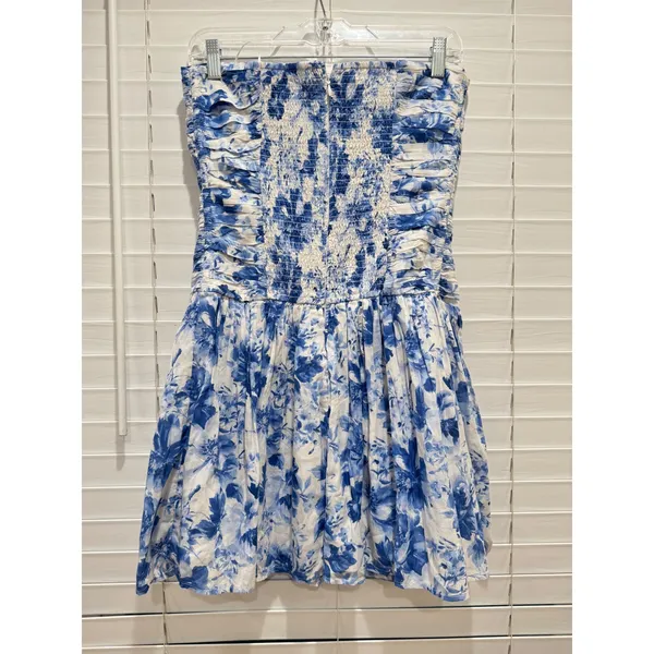 Abercrombie & Fitch Elan Drop Waist Strapless Dress Small Tall Blue White Floral - Image 3