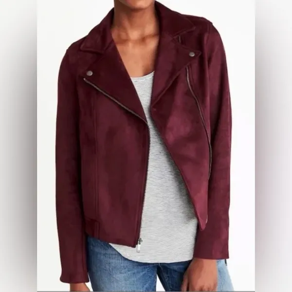Like New! Old Navy Women's Burgundy Velour Faux Suede Moto Jacket Size Large - Image 2
