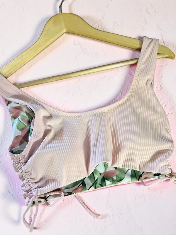CUPSHE Reversible Ribbed Bikini Set Size S Peach & Leaf Print - Image 4