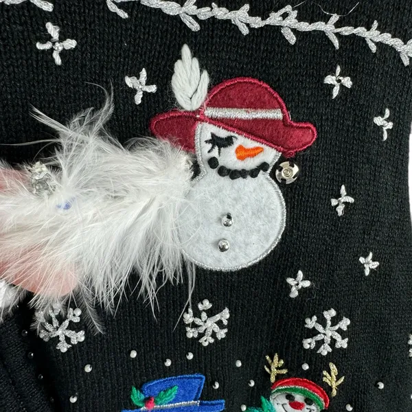 BP‎ Design Vintage Black Full Zip Snowman Snowflake Christmas Sweater Cardigan L - Image 5